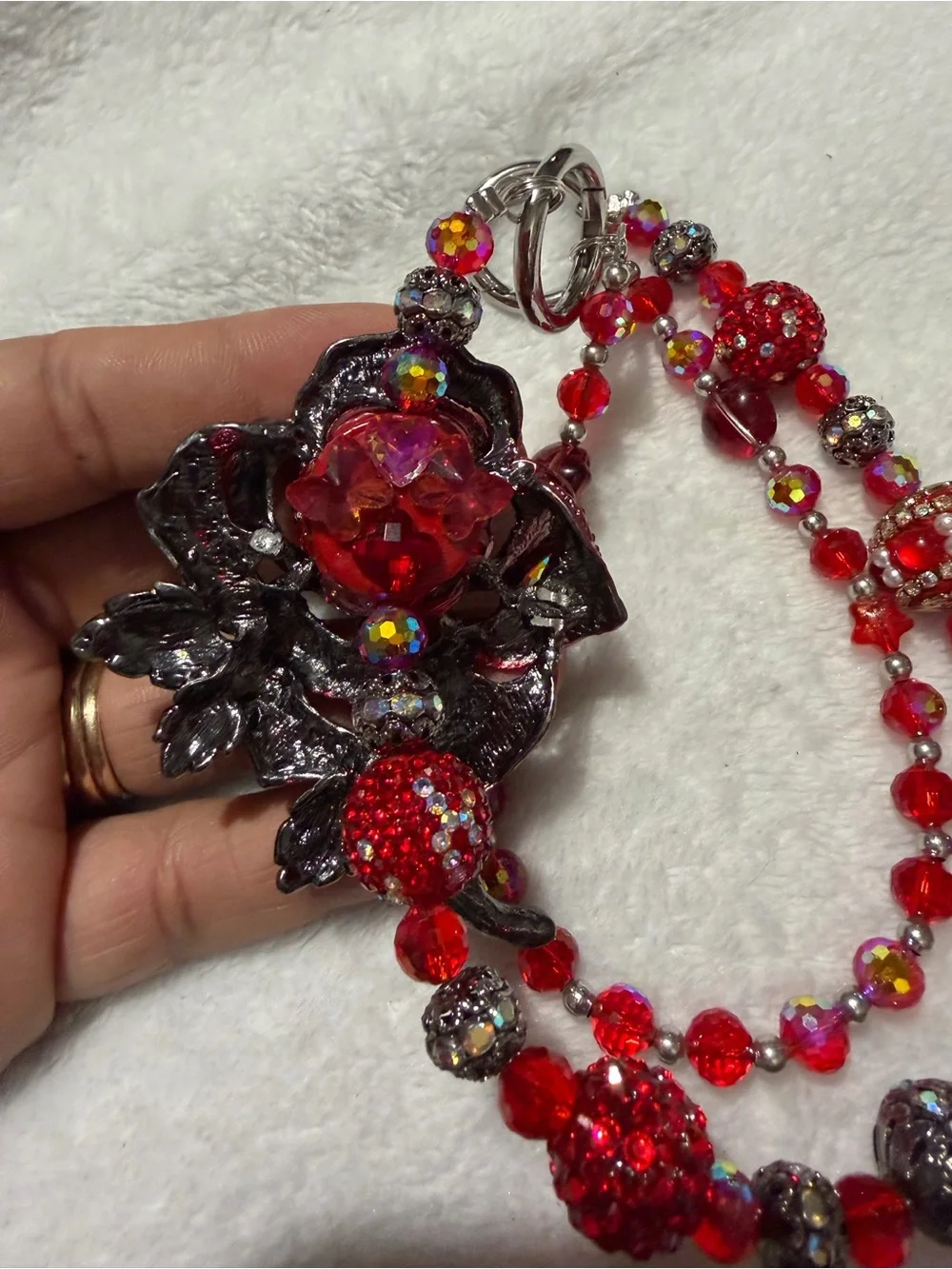 Hand Made Red Crystal Rose Beaded Bag Charm Or Keychain